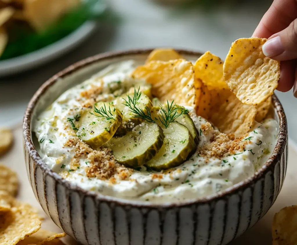 A hand dipping a potato chip into a creamy Fried Pickle Dip garnished with pickles, breadcrumbs, and fresh dill.