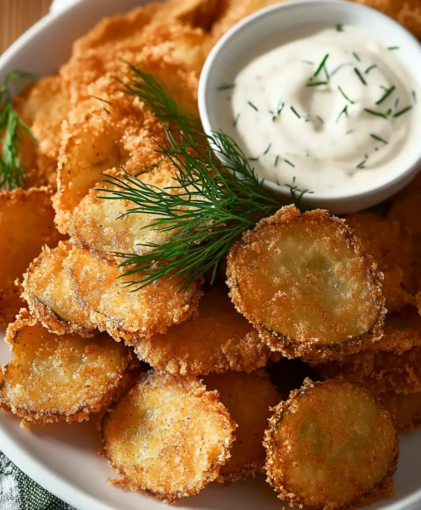 Crispy fried pickles with a golden-brown coating, garnished with fresh dill, served with a side of dipping sauce.