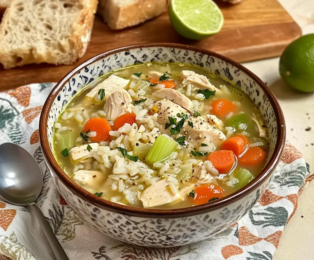 Flat-lay of fresh ingredients for homemade chicken and rice soup, including raw diced chicken, chopped carrots, celery, onions, cooked rice, chicken broth, and seasonings on a marble countertop.