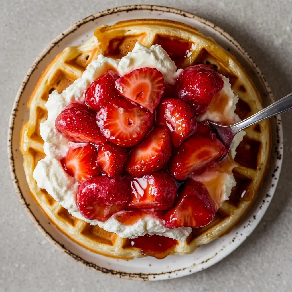 A plate of strawberry cheesecake waffles topped with fresh strawberries, whipped cream, and strawberry sauce.