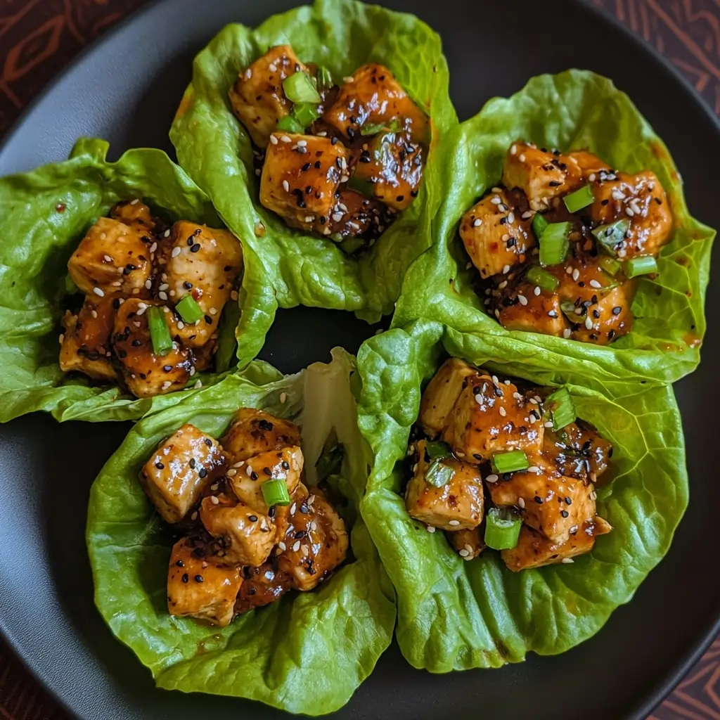 Spicy chicken lettuce wraps served on a white plate, garnished with green onions and sesame seeds.