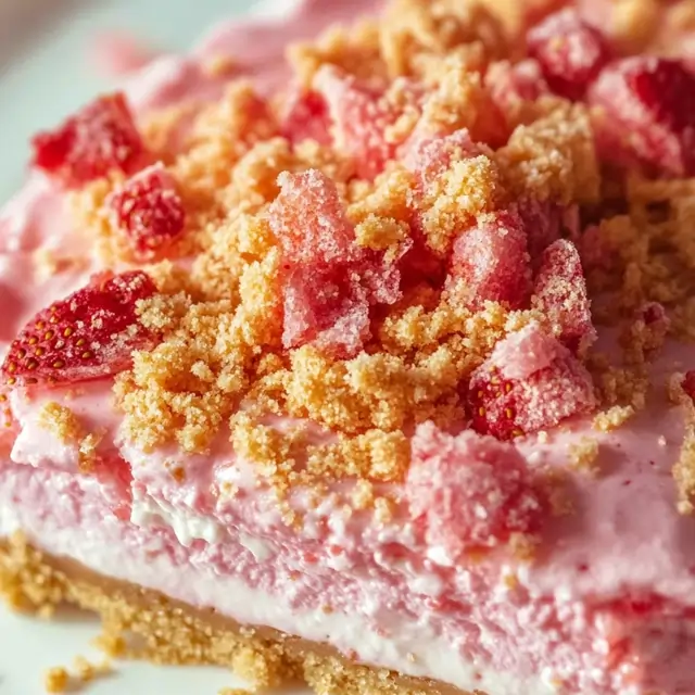 A slice of strawberry crunch cheesecake served on a white plate with fresh strawberries.