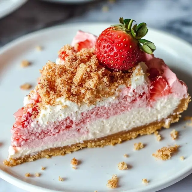 A strawberry crunch cheesecake topped with sweet crunchies and fresh strawberries.