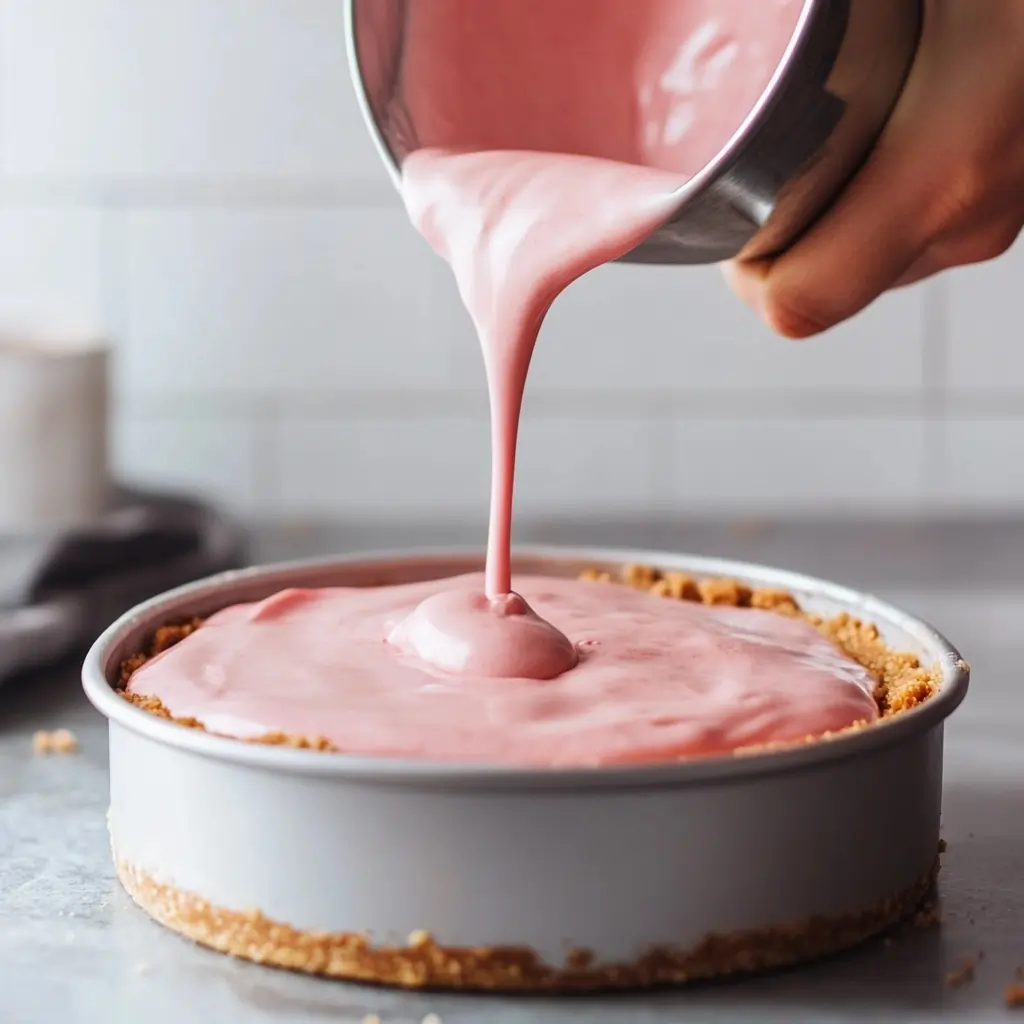 Cheesecake being topped with a layer of strawberry crunch topping.