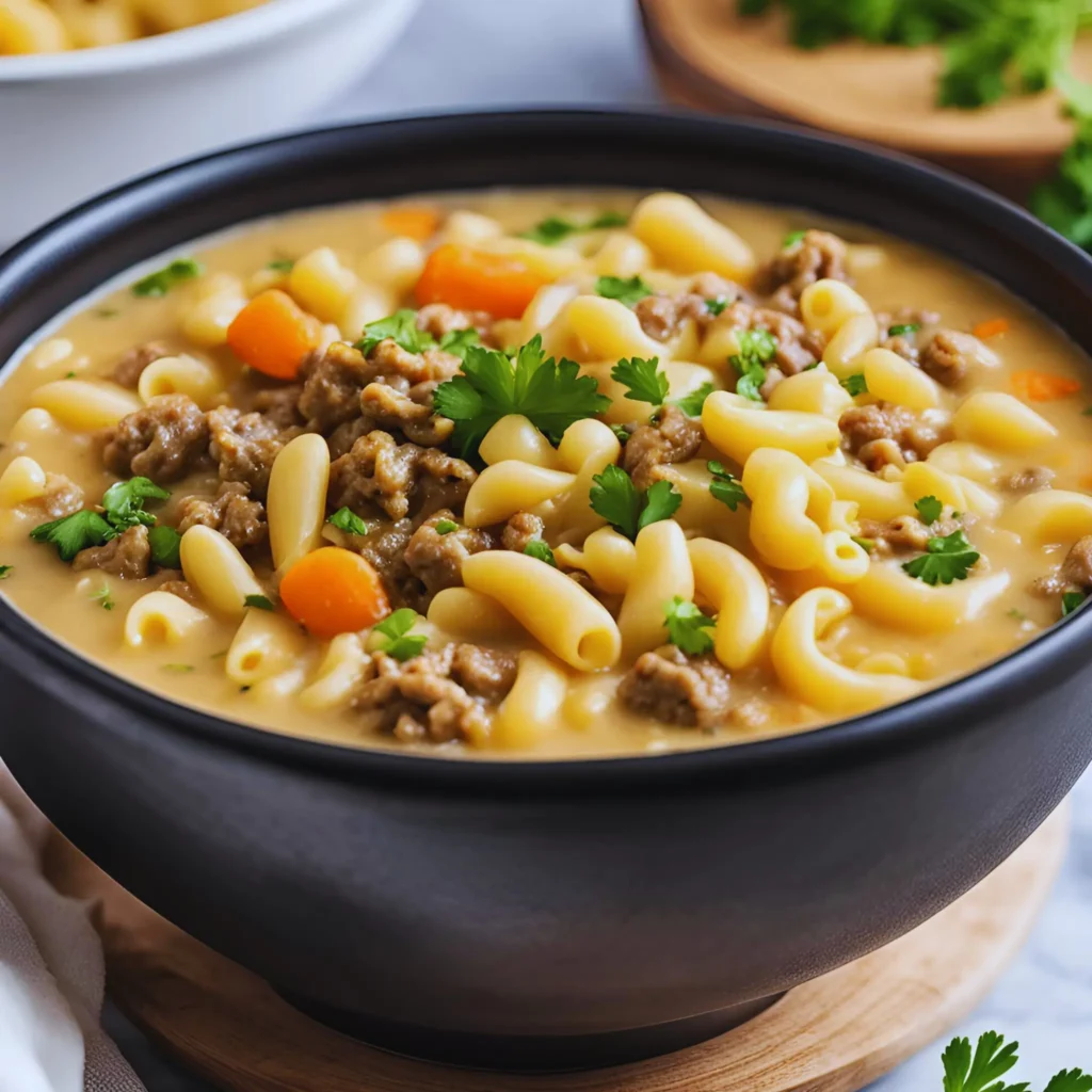 A bowl of cheeseburger pasta soup with melted cheese and diced pickles.