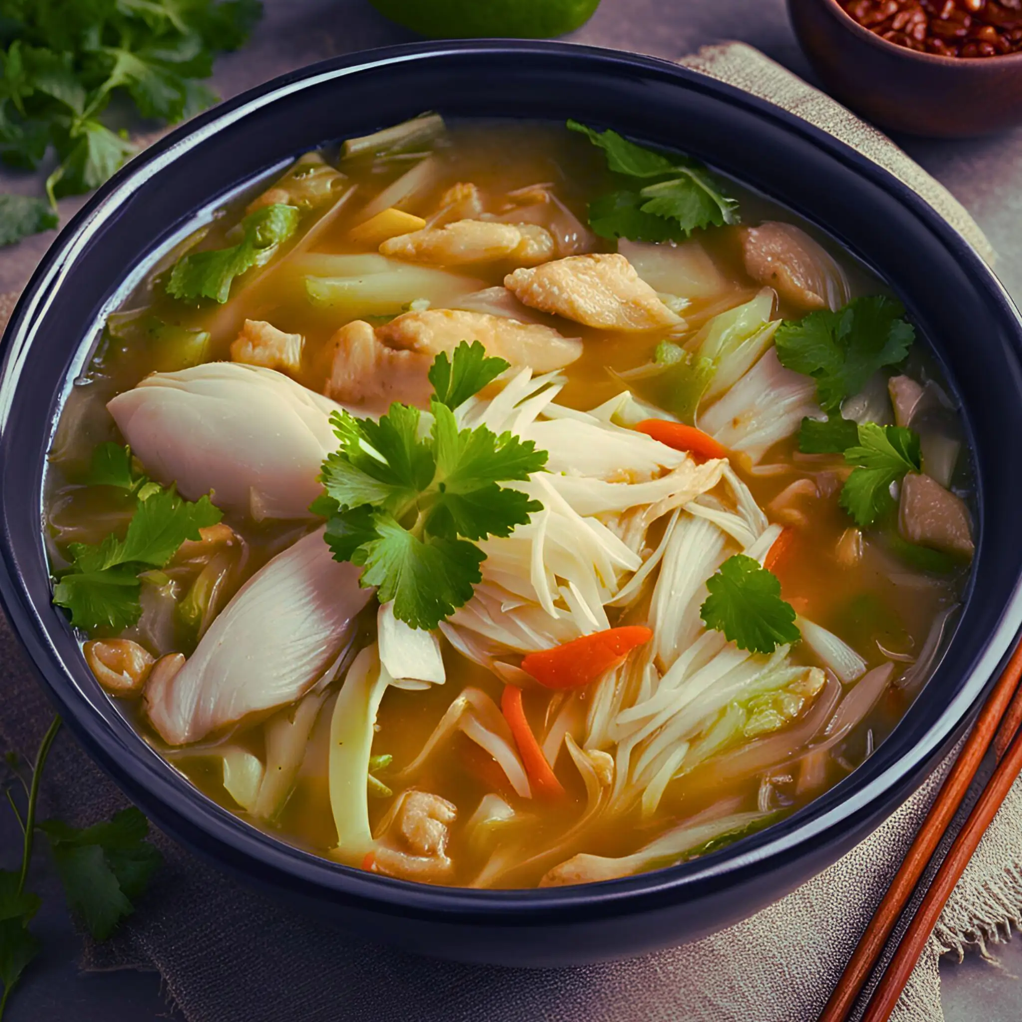 Bowl of Vietnamese cabbage soup with fresh herbs and vegetables.