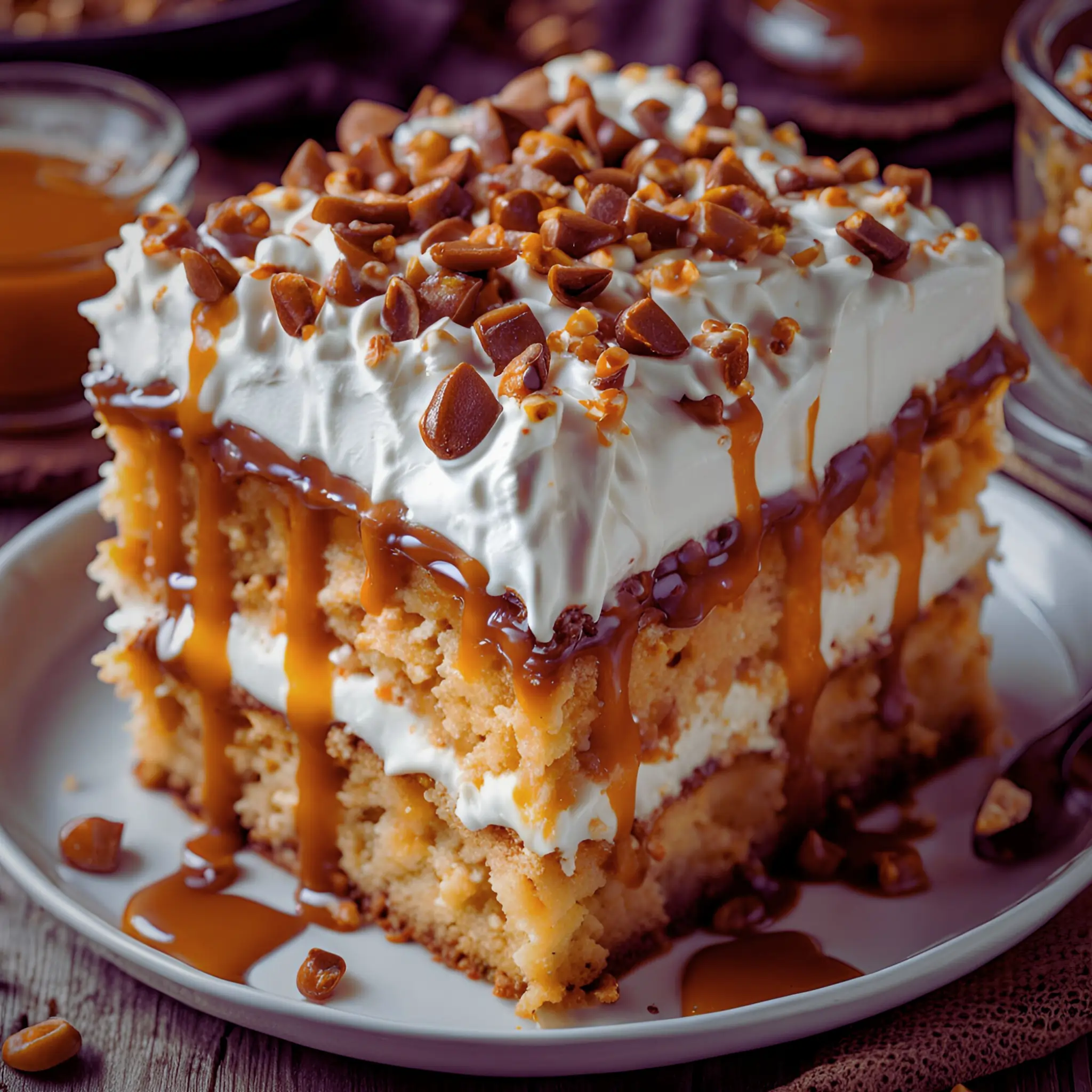 A slice of moist toffee butterscotch poke cake with whipped cream and toffee bits.