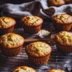 Freshly baked banana cottage cheese muffins cooling on a rack.