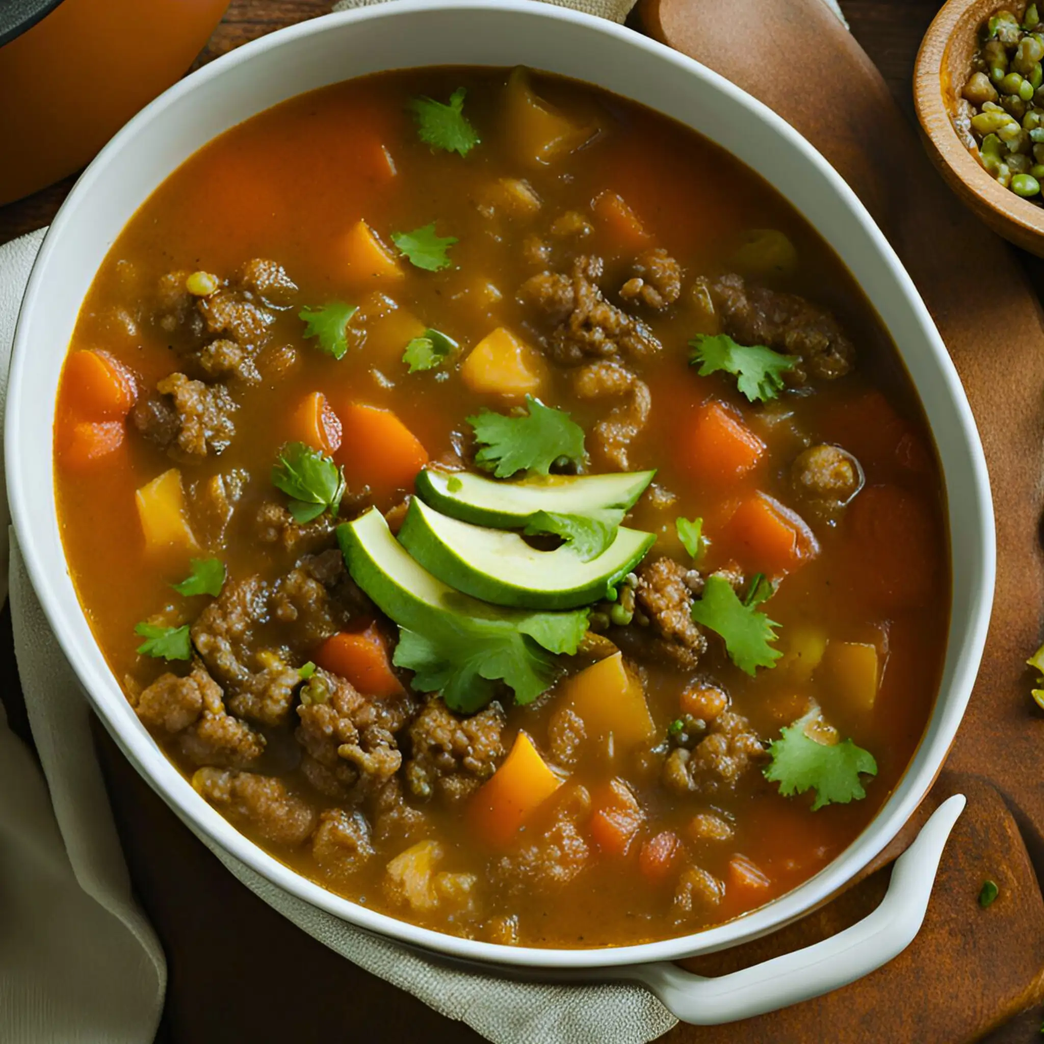 A bowl of hearty chipotle ground beef soup garnished with fresh cilantro, avocado slices, and tortilla strips.