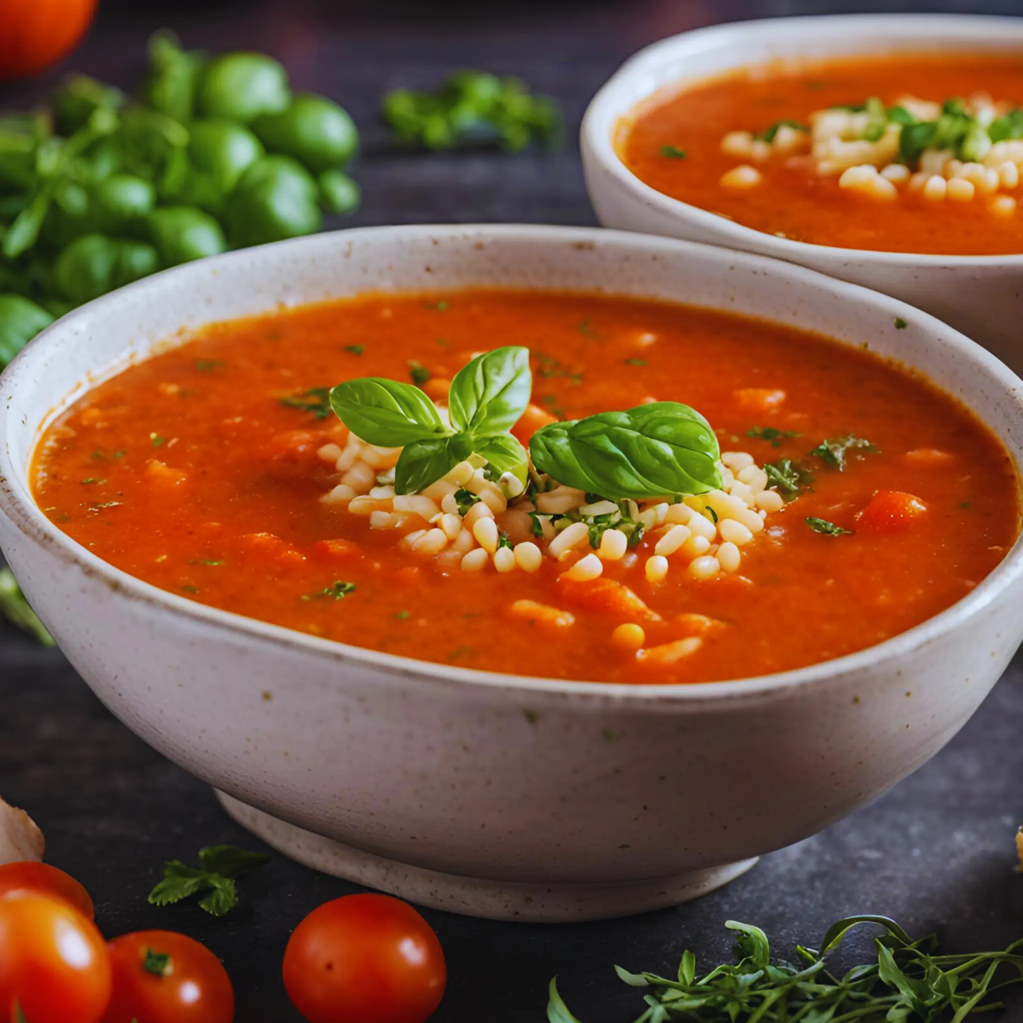 A comforting bowl of tomato pastina soup garnished with fresh herbs and served with a slice of crusty bread.