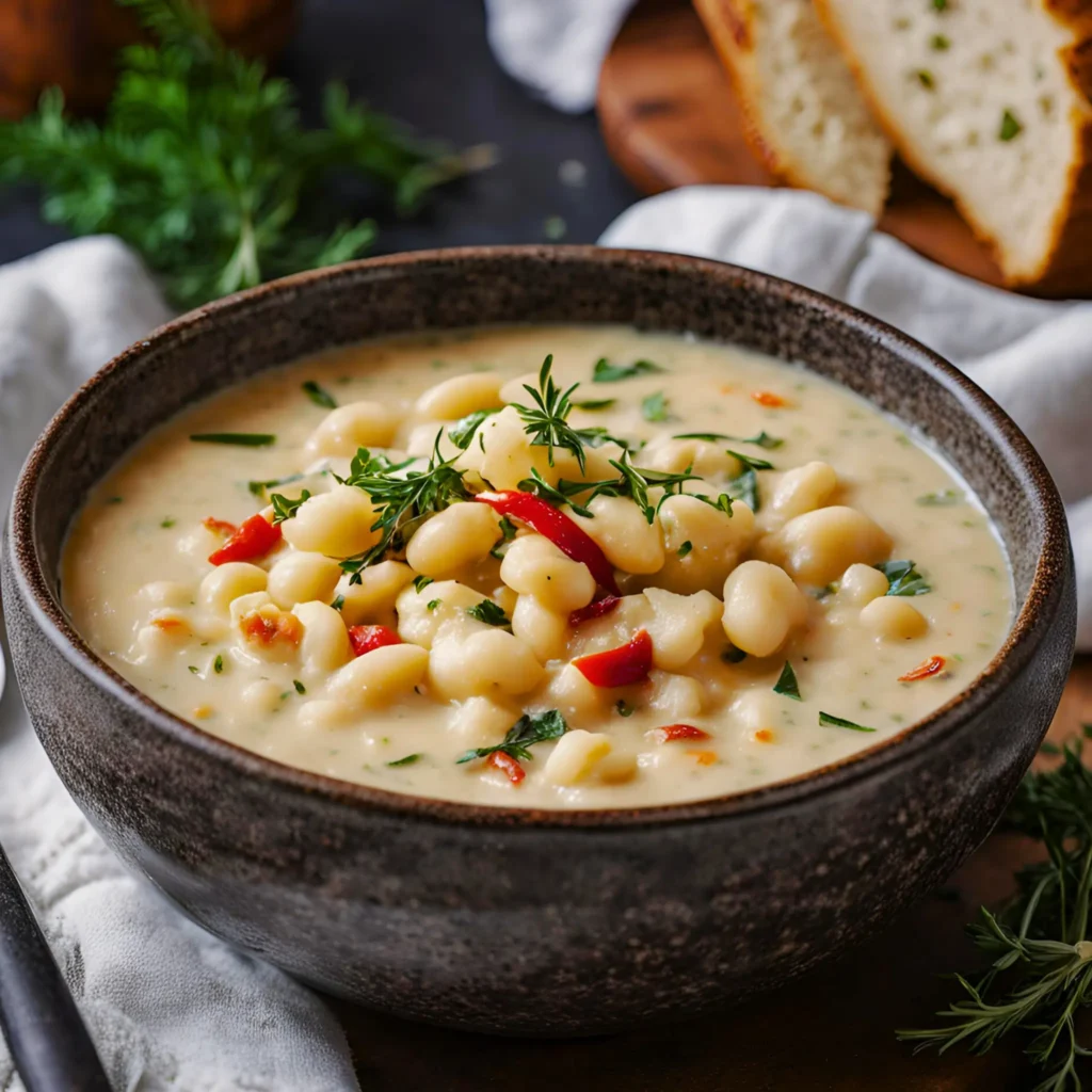 Bowl of creamy cauliflower white bean soup with garnished parsley