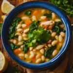 A bowl of Lemony White Bean Soup with Turkey and Greens garnished with fresh parsley and a lemon wedge.