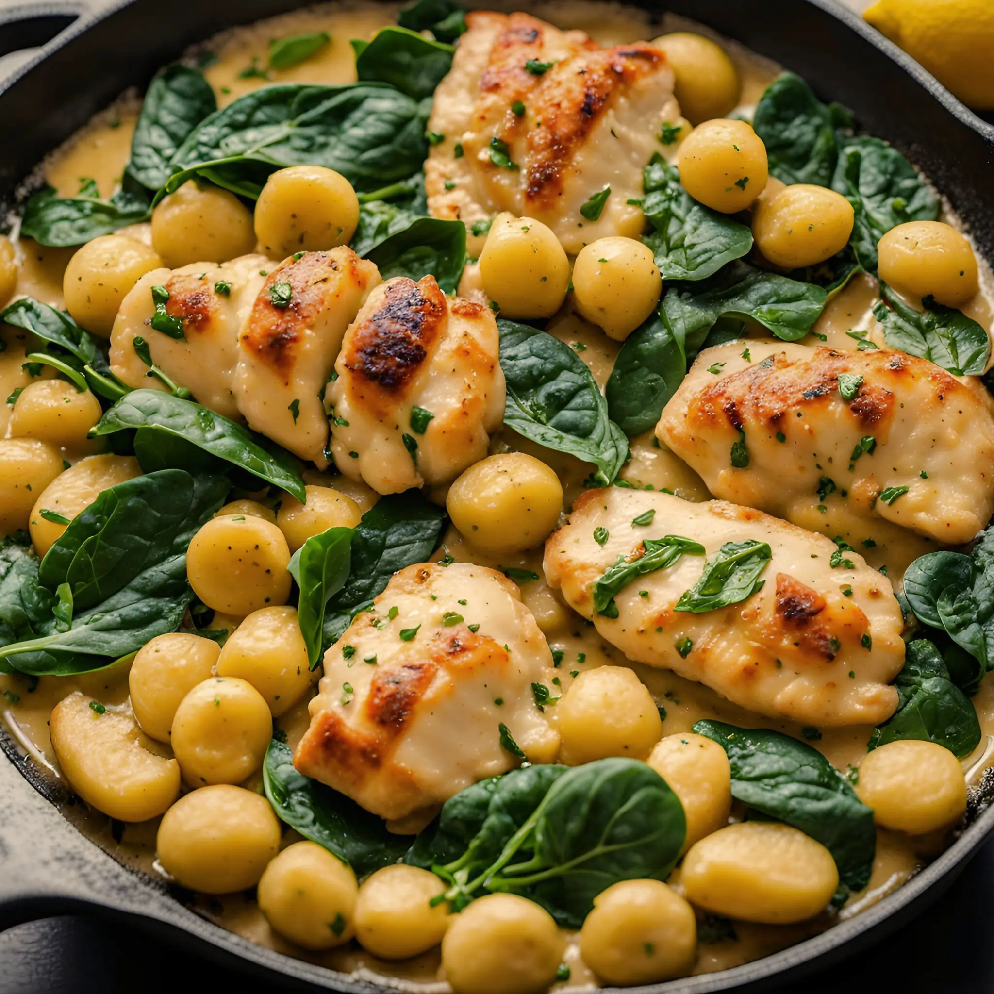 A bowl of creamy lemon chicken gnocchi garnished with fresh parsley and lemon slices.