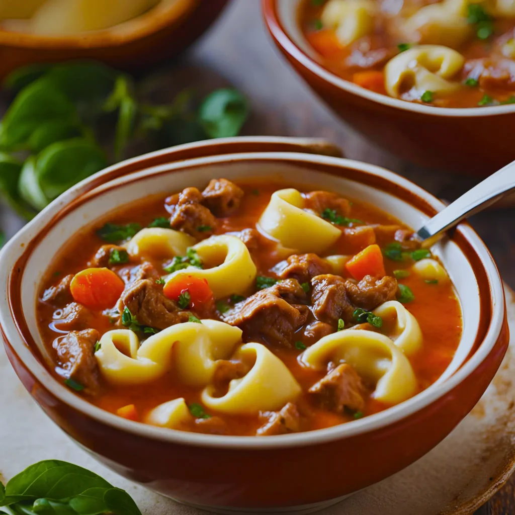 A hearty bowl of beef tortellini soup with chunks of tender beef, cheese-filled tortellini, and a rich tomato broth garnished with fresh parsley.