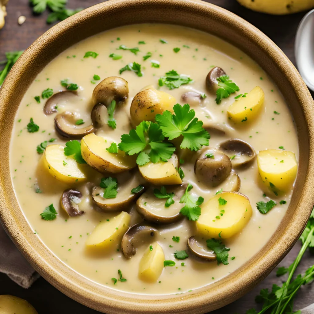 A creamy bowl of mushroom and potato soup with fresh herbs on top.