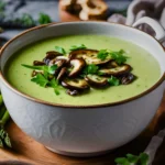 Bowl of asparagus mushroom soup garnished with fresh herbs and a slice of bread on the side.