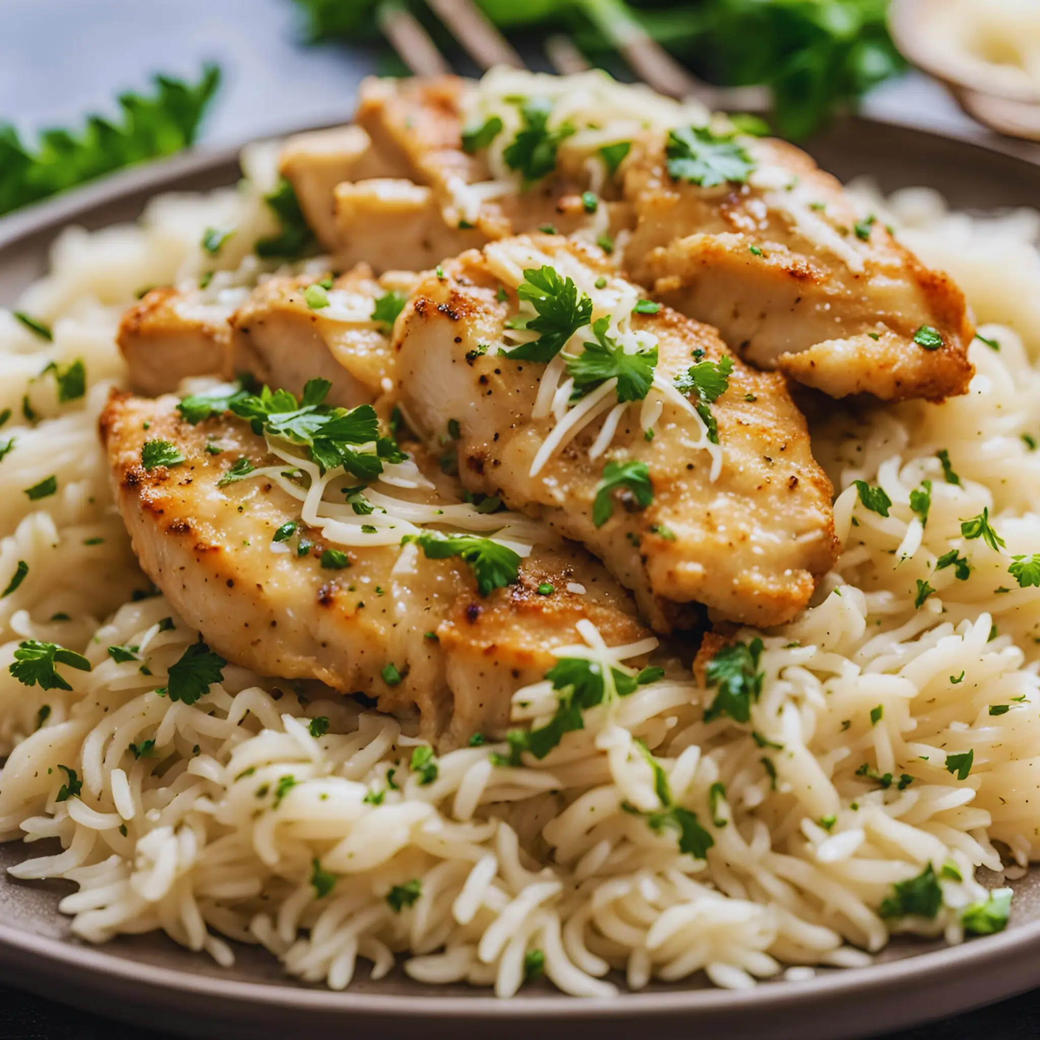 Chicken scampi with garlic parmesan rice served on a plate with parsley garnish.