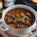 Bowl of beef and onion soup garnished with fresh herbs and served with crusty bread.