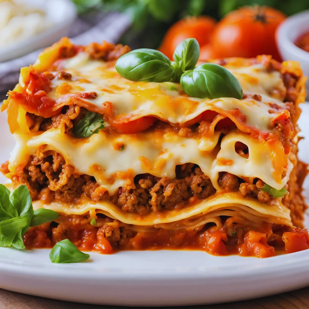 Layers of San Giorgio lasagna noodles with rich meat sauce and melted cheese.