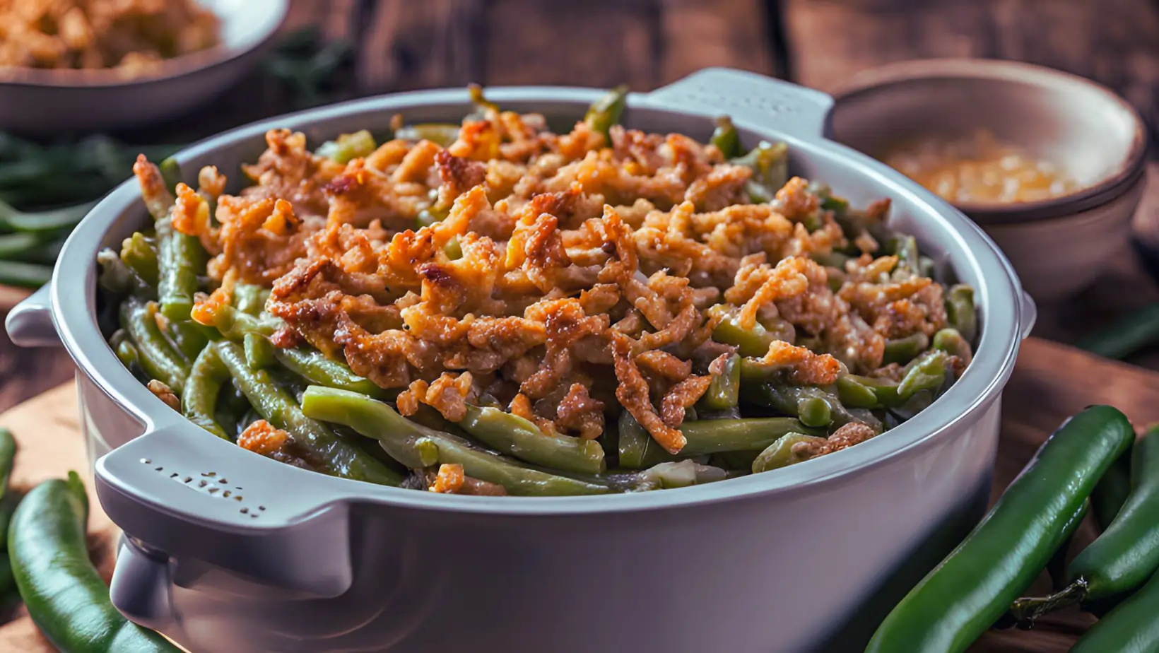 Green bean casserole made in air fryer with crispy fried onions.