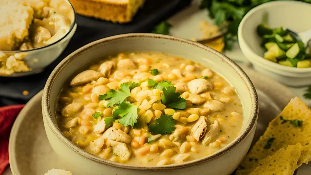 White chicken chili served with a slice of cornbread