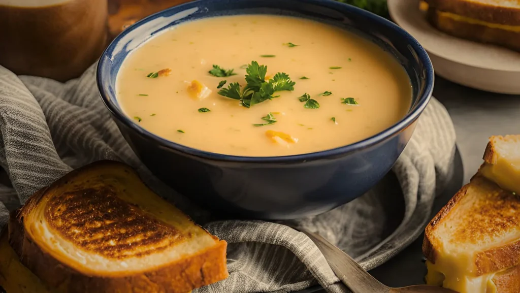 Potato soup served with a grilled cheese sandwich.