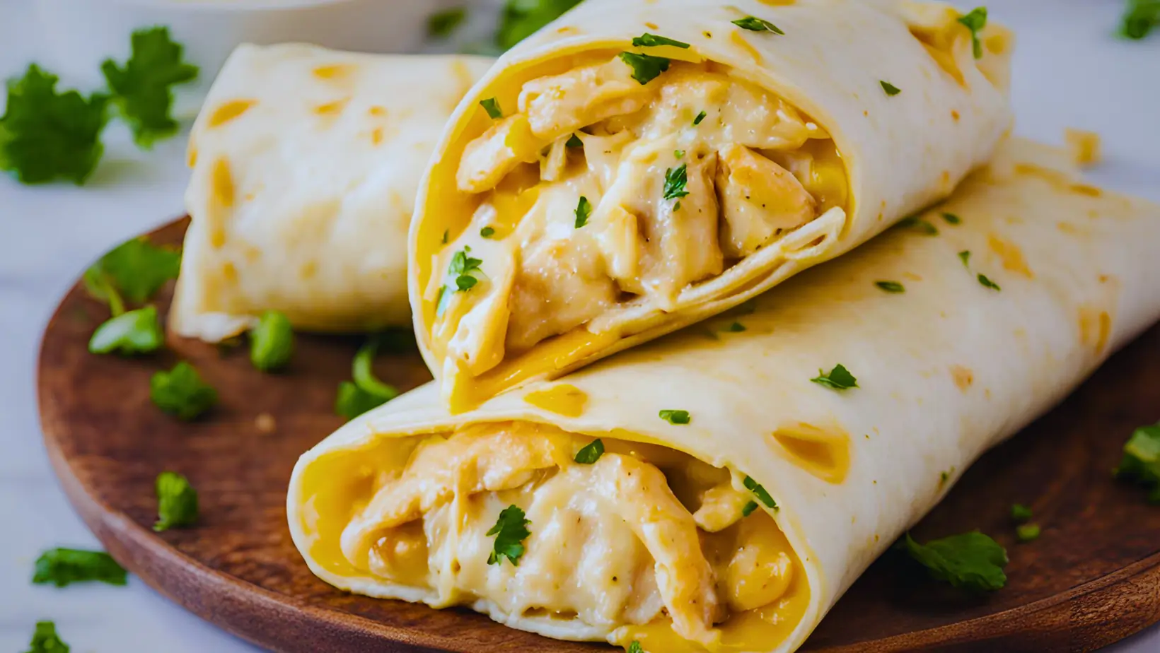 Cheesy garlic chicken wraps with melted cheese and tender chicken.