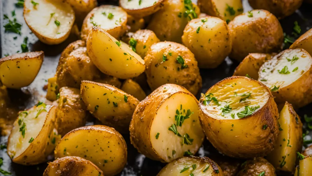 Roasted onion soup potatoes on a baking sheet.