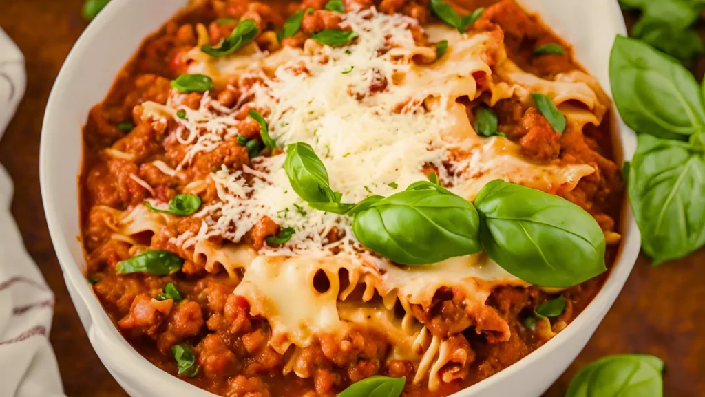 Spicy lasagna soup served in a white bowl garnished with fresh basil and Parmesan cheese