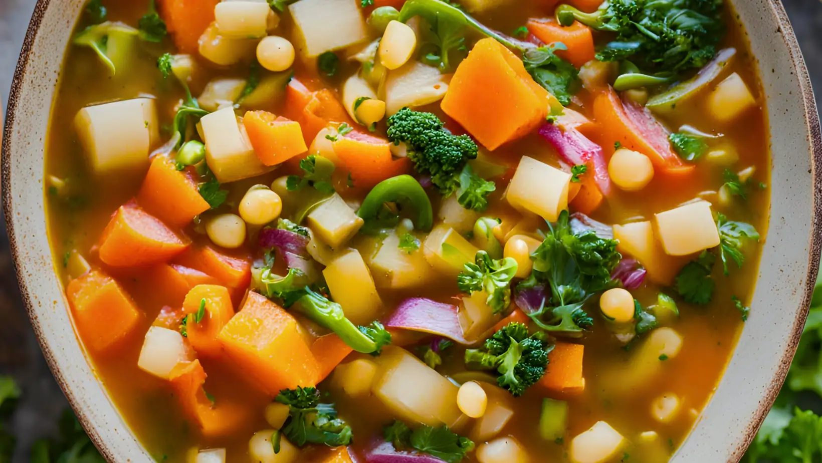 A vibrant bowl of vegetable soup without tomatoes, garnished with fresh herbs