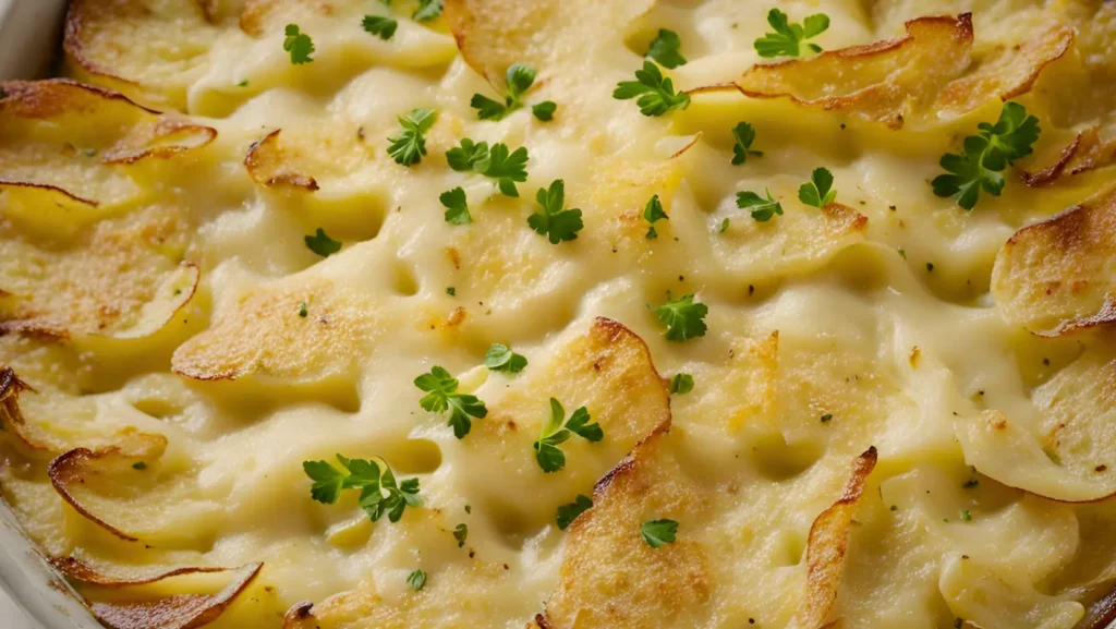 Scalloped potatoes recipe with cheese powder served in a baking dish with golden, bubbly cheese topping.