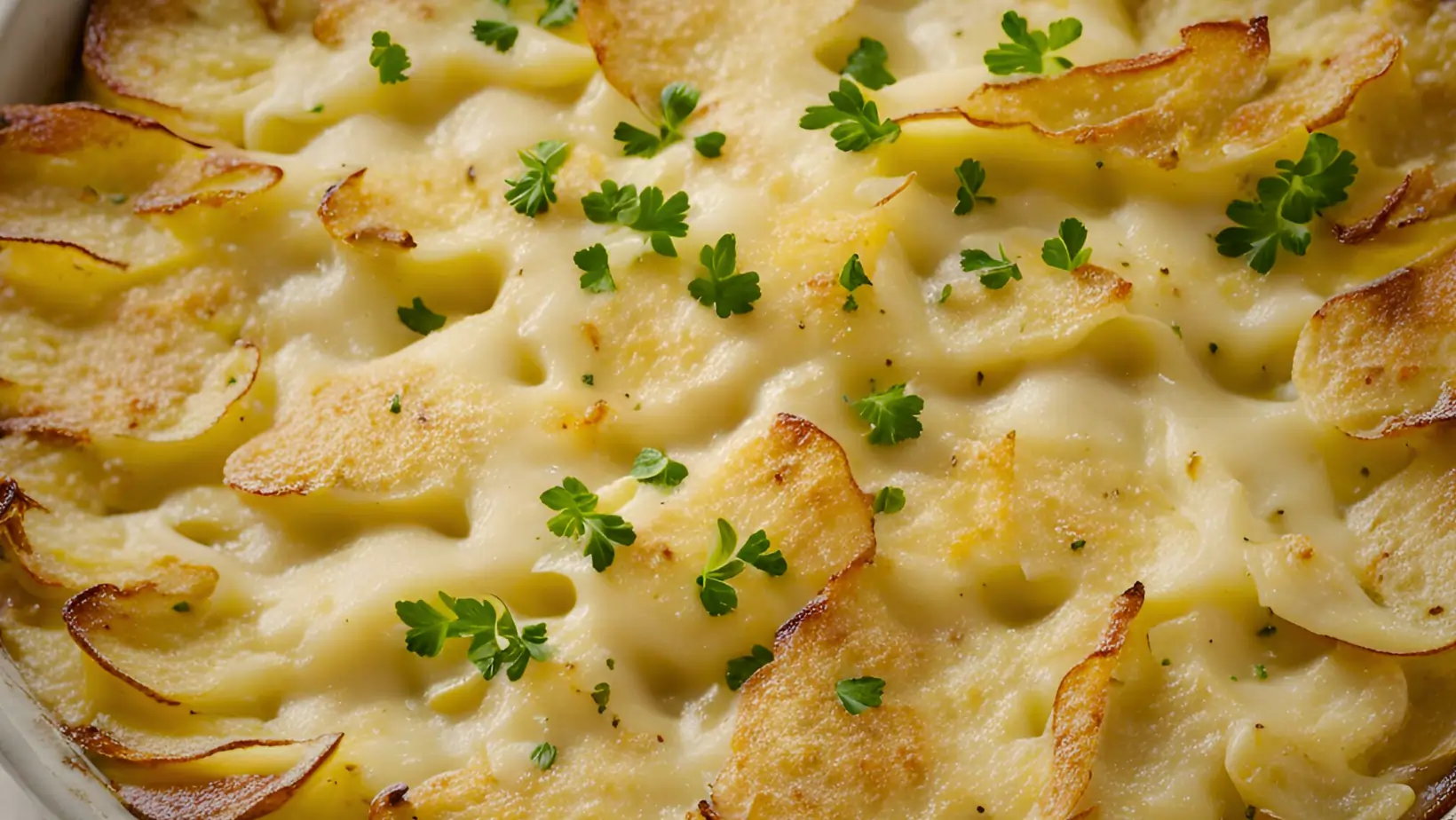 Scalloped potatoes recipe with cheese powder served in a baking dish with golden, bubbly cheese topping.