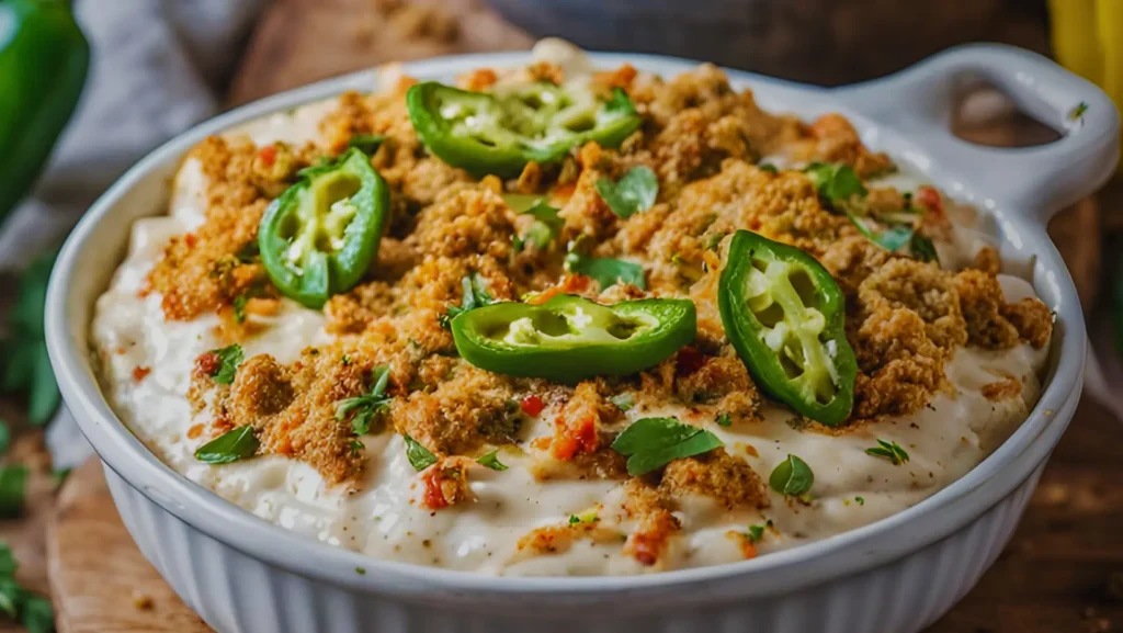 Stuffed Banana Pepper Dip served in a bowl with crackers and vegetables on the side.