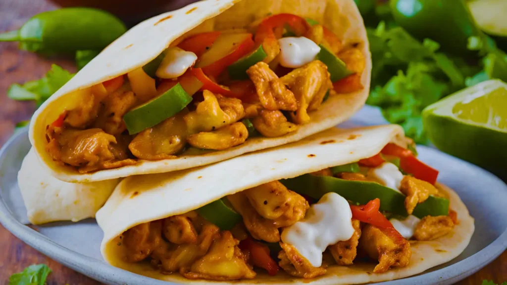 Chicken fajita pita filled with grilled peppers, onions, and fresh toppings.