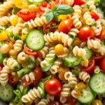 Ditalini pasta salad with vibrant vegetables and tangy lemon dressing.