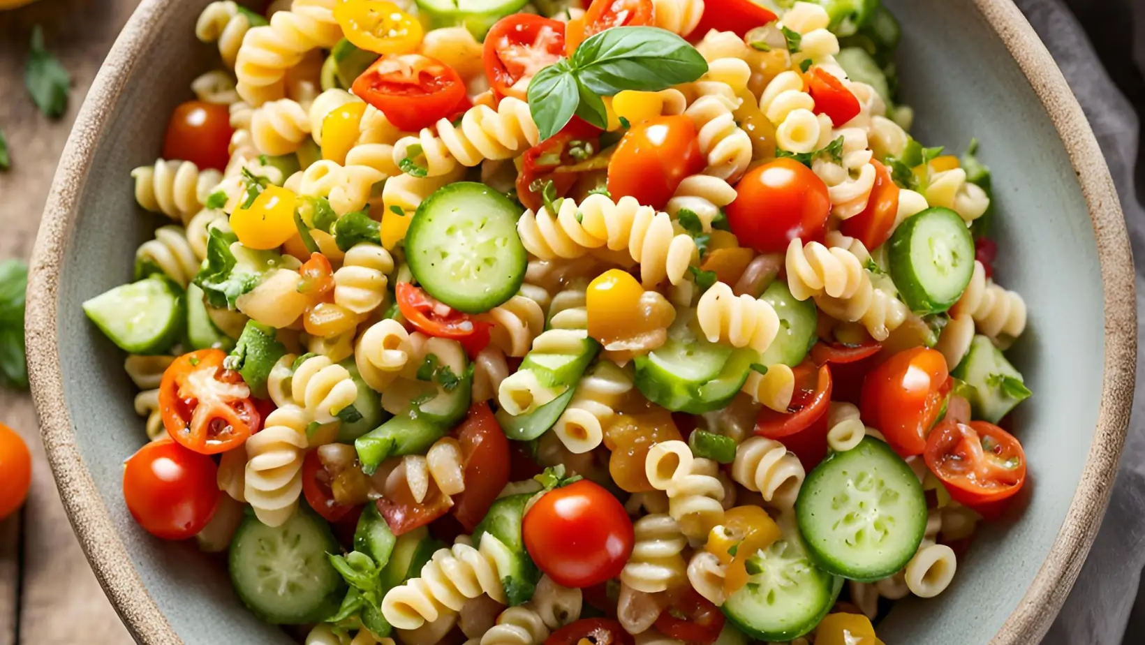 Ditalini pasta salad with vibrant vegetables and tangy lemon dressing.