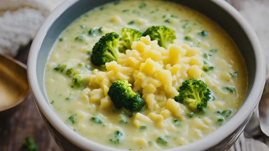 A bowl of creamy cheesy broccoli rice soup garnished with shredded cheese and fresh broccoli florets.