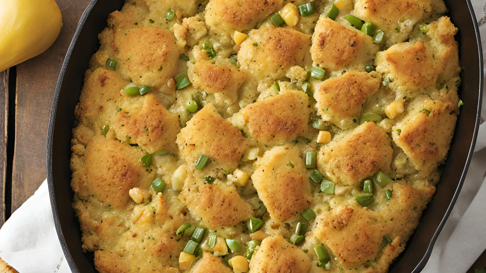 A delicious serving of chicken and cornbread dressing with tender chicken, crumbled cornbread, and savory seasonings, perfect for holiday meals.