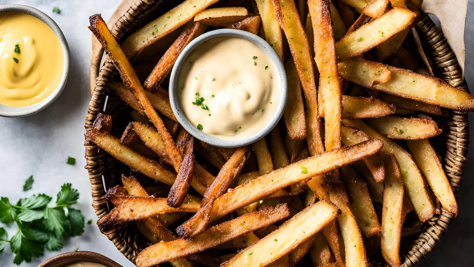 Crispy baked fries with a small bowl of garlic aioli.