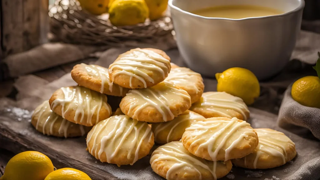 Lemon butter biscuits with glaze and a lemon wedge