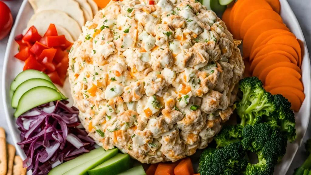 A 3 ingredient cheese ball surrounded by crackers and vegetables.