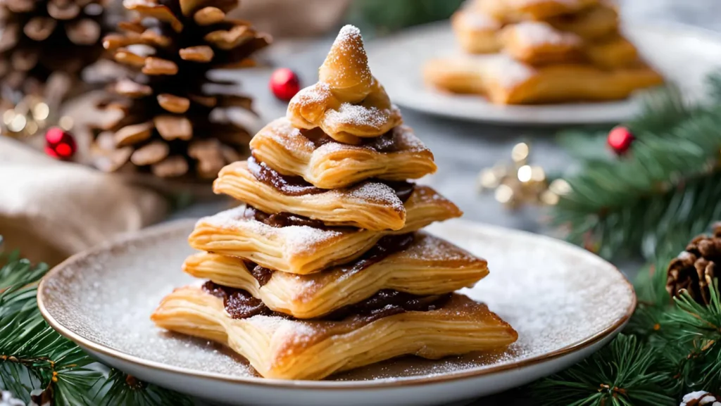 Nutella Christmas tree puff pastry on a holiday-themed plate.