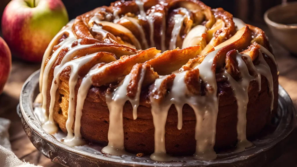 apple cinnamon roll cake with cream cheese glaze and cinnamon drizzle