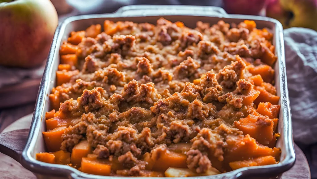 Sweet Potato and Apple Casserole with Pecans and Marshmallows