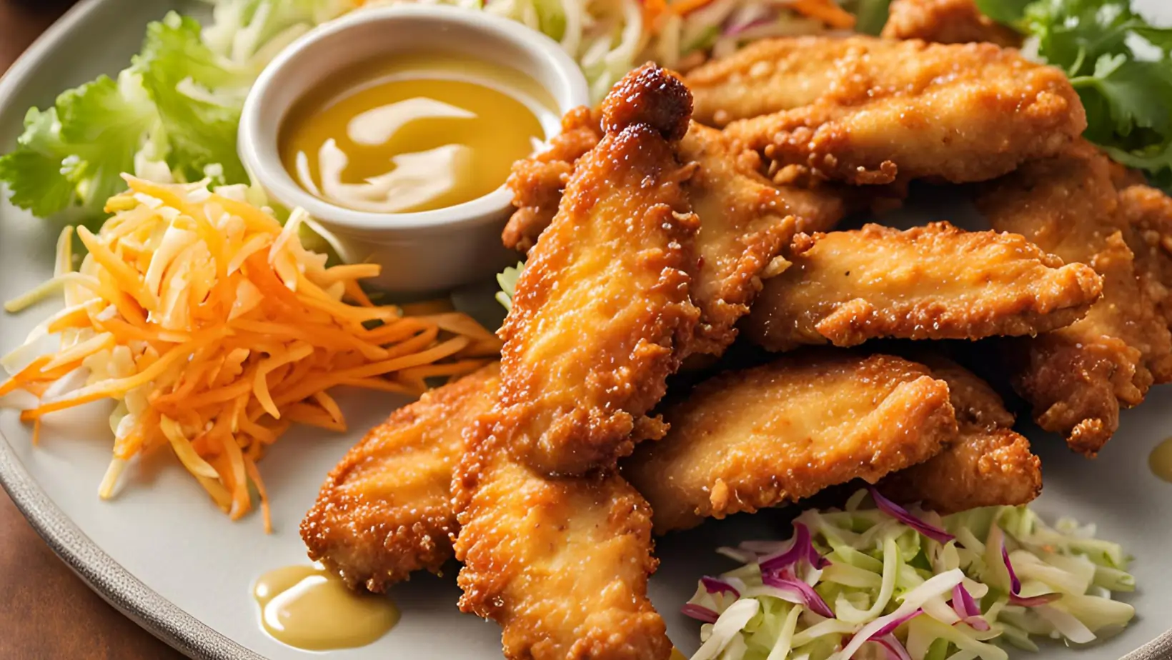 Chicken tender platter with crispy tenders, French fries, and coleslaw