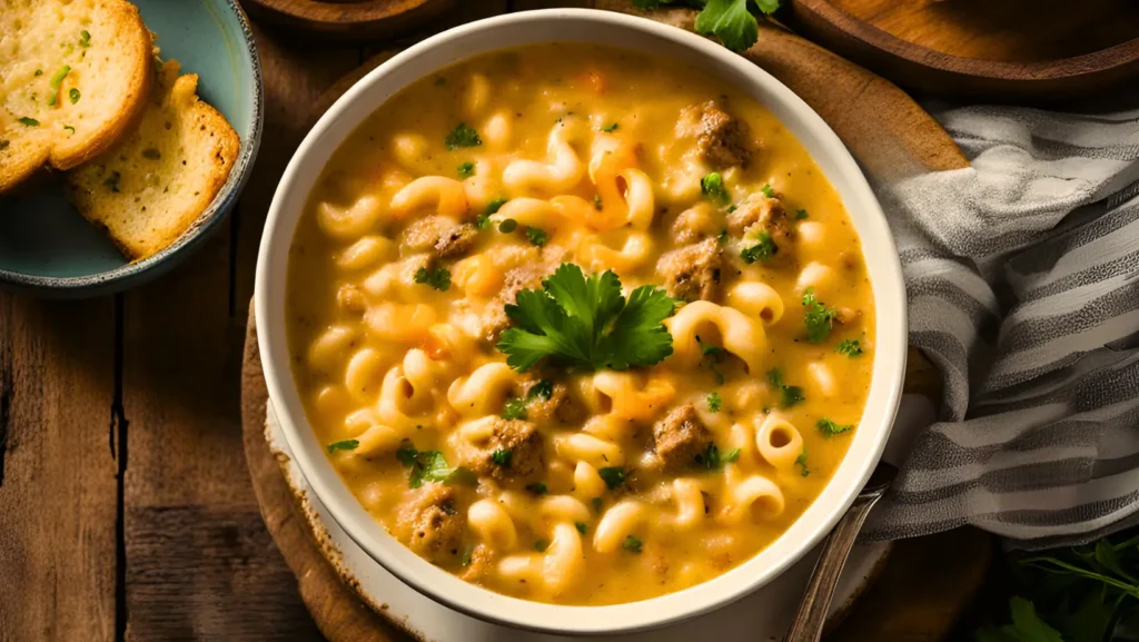 A bowl of cheeseburger macaroni soup with a side of garlic bread.