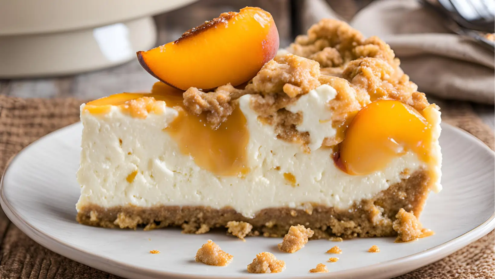 Peach cobbler cheesecake topped with juicy peaches and cinnamon.