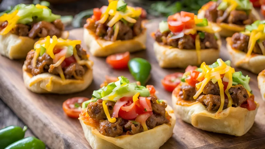 A plate of taco pizza rolls with sour cream and salsa for dipping.