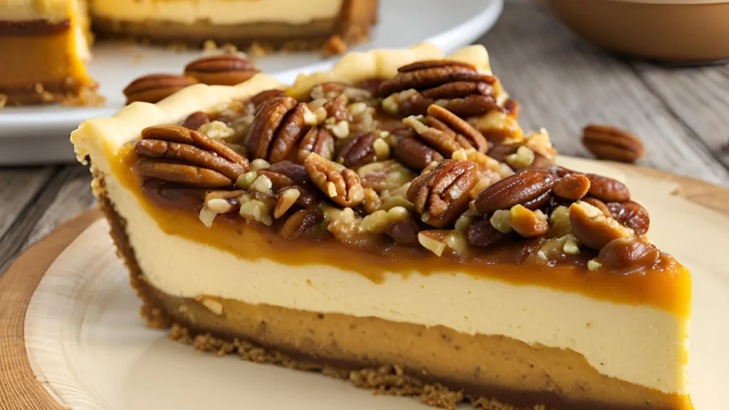 Pecan Pie Pumpkin Cheesecake topped with caramelized pecans