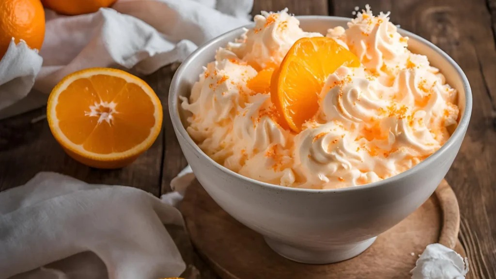 Bowl of creamsicle orange fluff with mandarin orange slices on top.